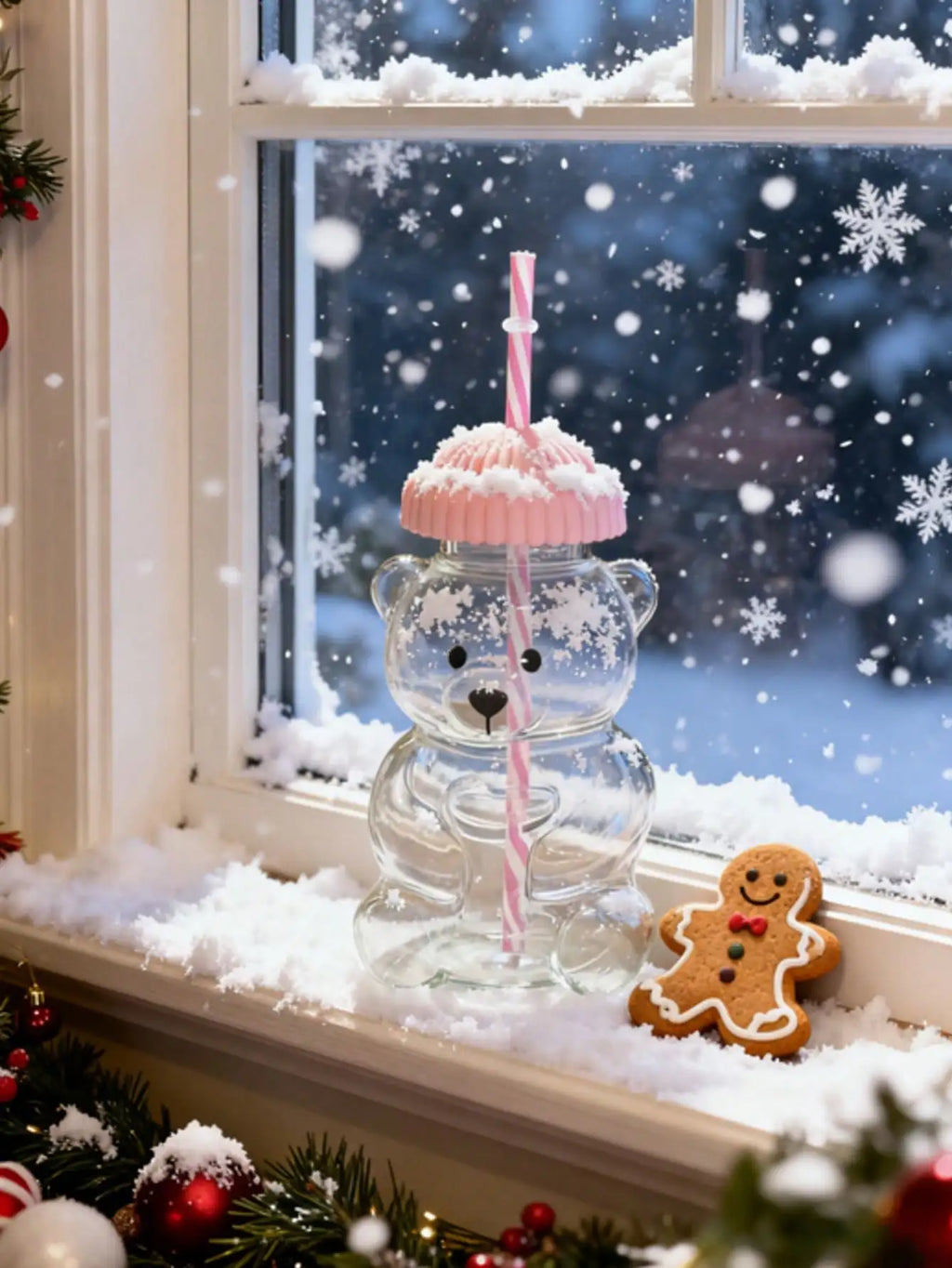 1/2pcs 590ml Mini Bear-Shaped Glass Cup With Pink Hat Lid & Straw - Transparent Adorable Bear Bottle For Drinking, Cute Glass Gl