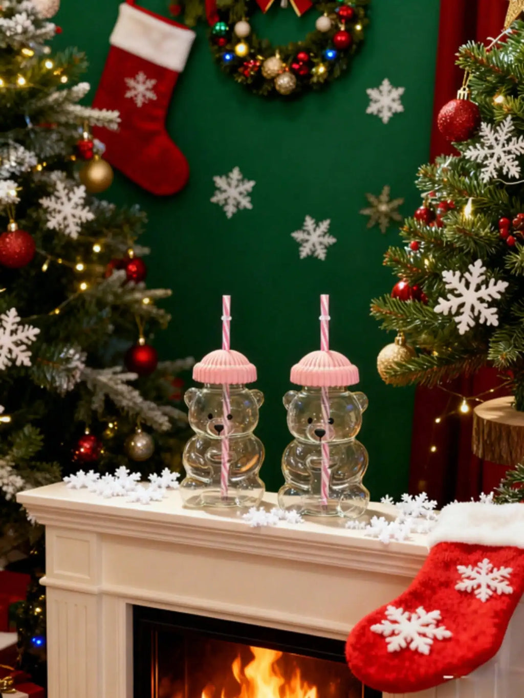 1/2pcs 590ml Mini Bear-Shaped Glass Cup With Pink Hat Lid & Straw - Transparent Adorable Bear Bottle For Drinking, Cute Glass Gl