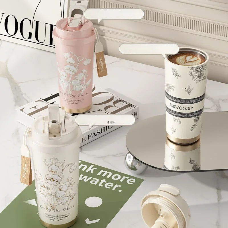 Lily Of The Valley Design Travel Portable Leakproof Coffee Cup Stainless Steel Insulated Bottle Cold Cup Handy Cup